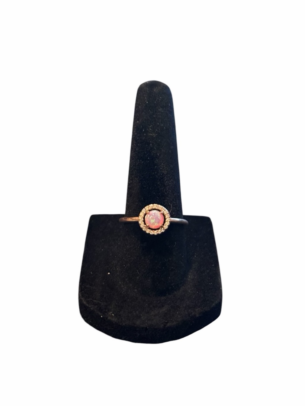 Iridescent Pink Round Opal Gemstone Crystal Halo Setting Adjustable Gold Ring